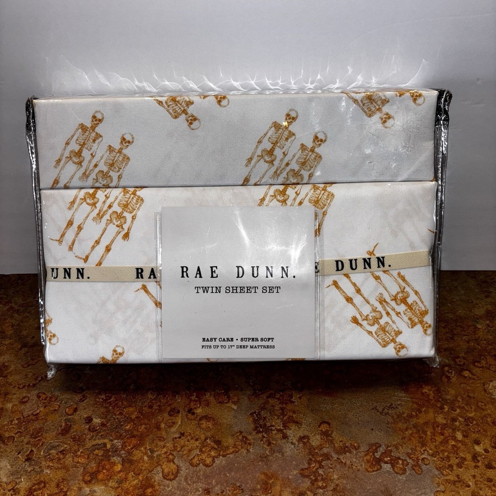 Rae Dunn Spooky Halloween 3 pc Twin Sheet Set Together Forever Skeletons New